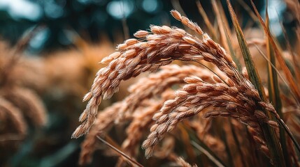 Close-up of ripe rice heads in a field