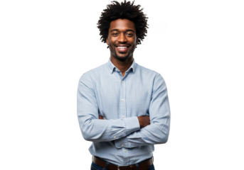 Smiling young black man in light blue shirt arms crossed confidently transparent background