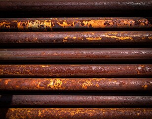 Rusted Metal Pipes Stacked Horizontally Close Up View