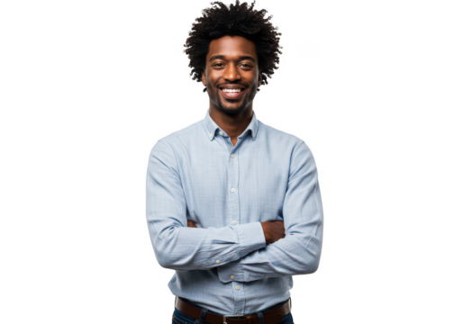 Smiling young black man in light blue shirt arms crossed confidently transparent background - Powered by Adobe