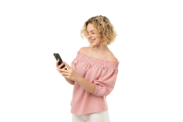 Woman using smartphone in bright light, isolated on white, PNG