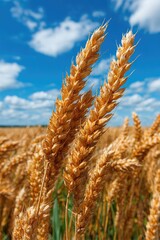 Close-up of golden wheat heads against a bright sky