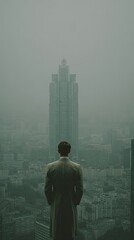 Man gazes at city, fog