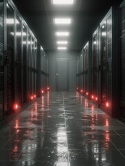 Server room hallway with glowing red lights
