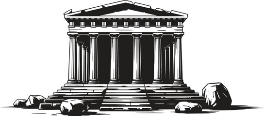Ancient greek temple ruins with pediment and columns