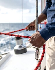 Person's hands pulling red rope on a sailboat