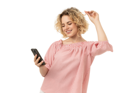 Woman joyfully interacts with her phone, isolated on white, PNG