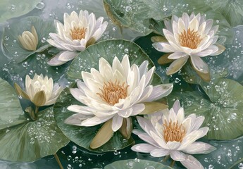 Delicate white water lilies, with their delicate petals and subtle color gradations, rest gracefully on lush green leaves, bathed in soft light and dotted with glistening water droplets.