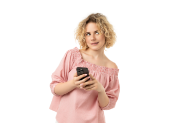 Woman with smartphone deep in thought, isolated on white, PNG