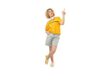 Casual young woman excited about gadgets, isolated on white, PNG