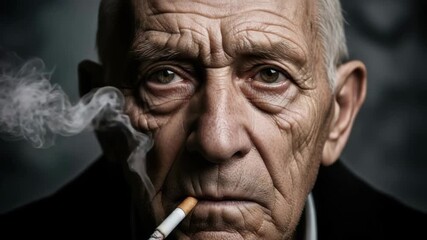 Close-up of an elderly man with deep facial wrinkles and grey hair A lit cigarette hangs from his mouth exhaling smoke towards the left His direct gaze conveys profound weariness and experience - Powered by Adobe