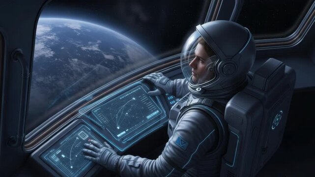 astronaut in sleek white suit helmet on operates glowing holographic displays within futuristic cockpit gazing at Earths clouds and distant stars from orbit