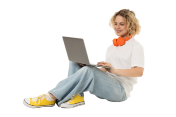 Person enjoys tech in a chill environment, isolated on white, PNG