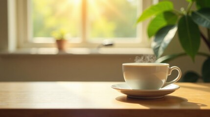 Fototapeta premium Warm morning beverage on a wooden surface bathed in sunlight near a window with foliage