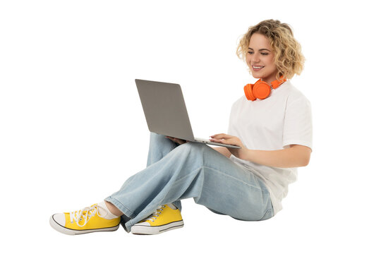 Person enjoys tech in a chill environment, isolated on white, PNG