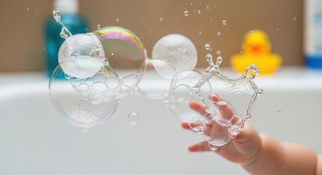 Childs Hand Reaching For Bubbles In Bathtub With Rubber Duck Toy - Powered by Adobe