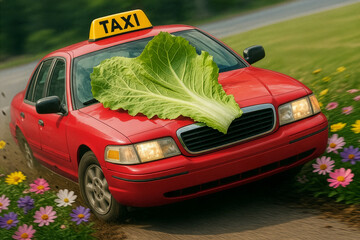 A red taxi car drives along a flower-lined road with a giant lettuce leaf covering its hood - Generative AI