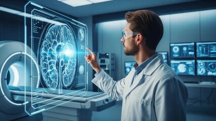 scientist in lab coat and safety glasses interacts with holographic brain scan display A medical imaging machine is visible in the background along with multiple monitors showing data - Powered by Adobe