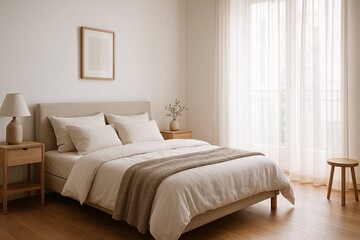 Fototapeta premium This minimalist bedroom is decorated in warm, natural tones. Soft sunlight from the windows creates a calm and relaxing atmosphere.