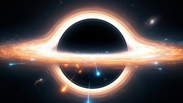 supermassive black hole with bright swirling accretion disk of orange plasma is centered in deep space Glowing blue and orange streaks of matter are pulled inward