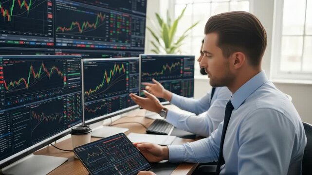 Two male financial professionals analyze market data across multiple monitors and tablet displaying detailed candlestick charts and graphs in bright office One gestures to screen