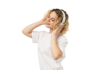 Woman joyfully listens to music, isolated on white, PNG