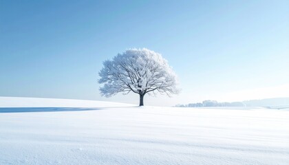 Solitary Tree Covered In Snow Under Bright Blue Sky In Winter Landscape With Horizon Line In The Distance And White Field Wide Shot