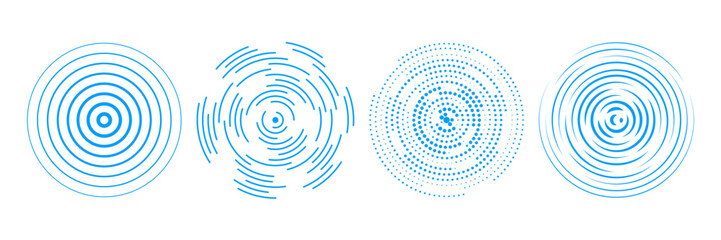 Blue radial concentric circle set. Halftone, dashed and dotted rings for epicenter, target, radar, earthquake, tsunami symbol. Sound wave signal collection. Vector ripple expansive vibration elements