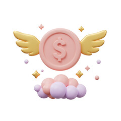 A pink coin with gold wings floats above a cloud of pastel spheres and stars, representing financial success. Isolated on a Transparent Background, PNG, Cutout