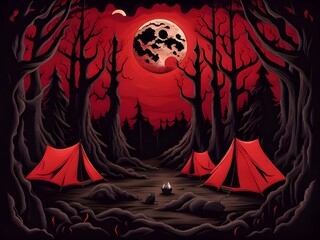 scary night forest with red tent