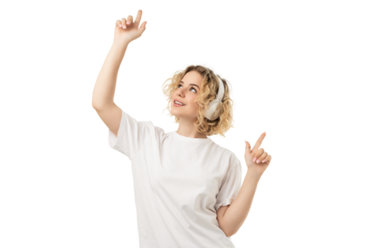 Woman dances joyfully with headphones on, isolated on white, PNG
