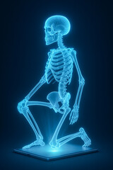 Futuristic holographic projection of a full human skeleton glowing above a digital tablet