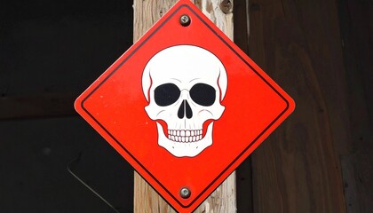 A red diamond sign with a white skull bolts into place—dark sockets and teeth glare against metal. A metaphor for danger and the choreography of warning through stark contrast and symbolic stillness.