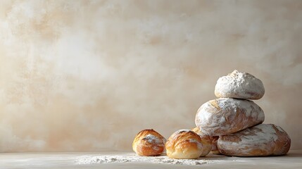 Stacked rustic breads covered in flour against neutral background with bakery concept