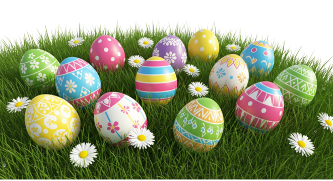Easter eggs in grass and daisy flower isolated on white or transparent background