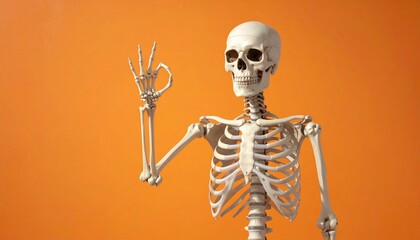 A human skeleton model makes an “OK” gesture with its right hand against an orange background—combining anatomical detail with playful expression in a bold, educational visual.