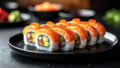 Salmon Sushi Rolls Topped with Roe on a Black Plate in Dark Table Setting with Cucumber and Avocado Sushi Set Arrangement