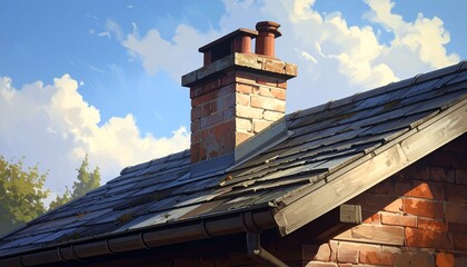 A red brick chimney rises from a shingled rooftop scattered with autumn leaves, set against warm evening light and colorful trees—symbolizing seasonal charm, tranquility, and cozy architecture.