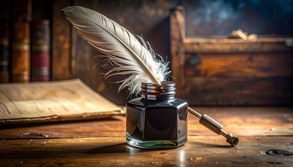 A white feather quill rests in a black glass ink bottle on a rustic wooden surface, surrounded by aged books and parchment—symbolizing classical writing, history, and literary tradition.