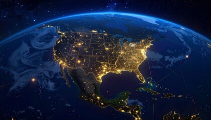 A glowing network of data lines overlays North America at night—city lights shimmer beneath a ring of digital nodes. A metaphor for connection and the choreography of infrastructure through illuminate