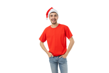 Happy man standing in a red shirt with a Santa hat, isolated