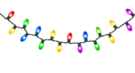 Colorful lights string hanging isolated on white or transparent background, for Christmas decoration