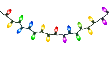 Colorful lights string hanging isolated on white or transparent background, for Christmas decoration