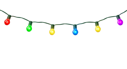 Colorful lights string hanging isolated on white or transparent background, for Christmas decoration
