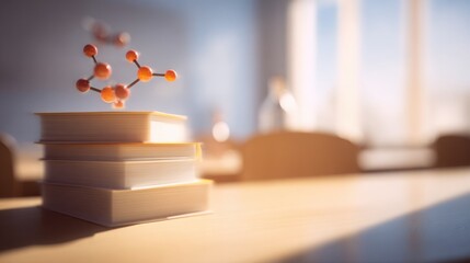 Molecular Model Above Stacked Books In Bright Classroom Environment