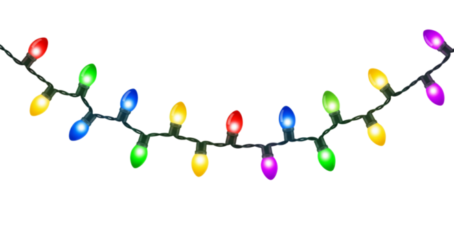 Colorful lights string hanging isolated on white or transparent background, for Christmas decoration