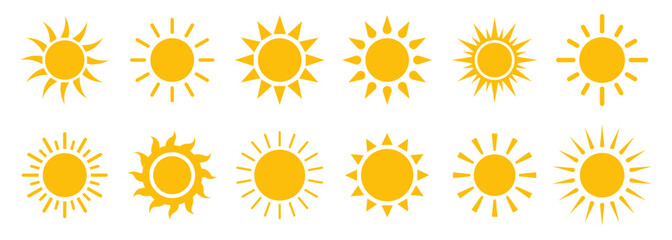 Sun icons collection. Sun logo. Yellow suns circles. Sunshine vector sign. Vector illustration
