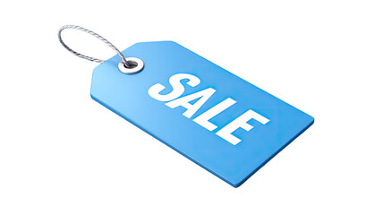 a blue discount tag with string isolated on white background