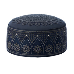 Navy Blue Kufi Hat with Silver Geometric and Flower Embroidery skullcap prayer cap