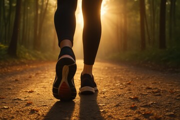 Metabolism support vitamin. Person jogging on a forest trail at sunset, surrounded by trees and warm light.